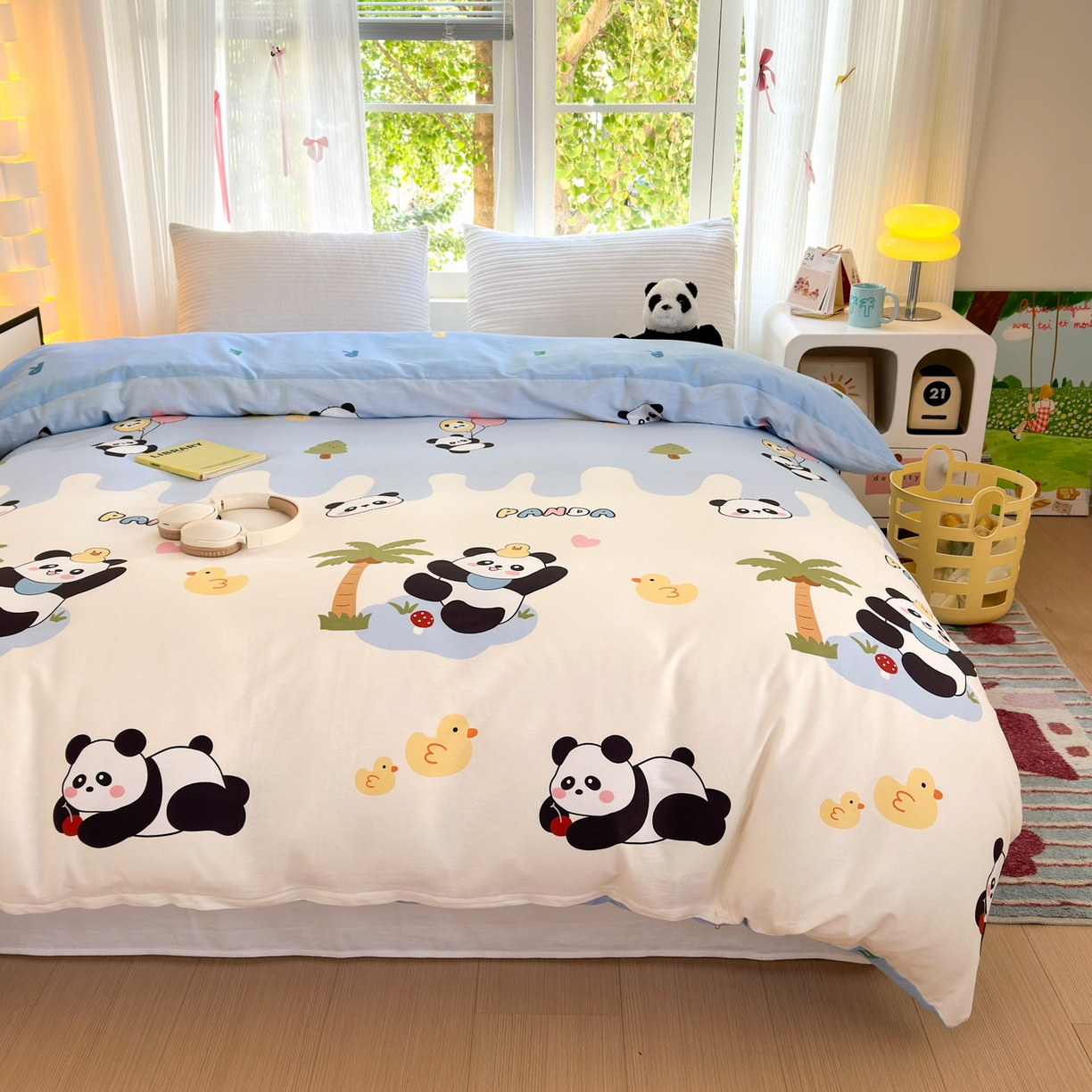 91家纺网 家纺一手货源 找家纺 清雅福 2025新款全棉柔软印花系列单被套 熊猫鸭鸭乐-蓝