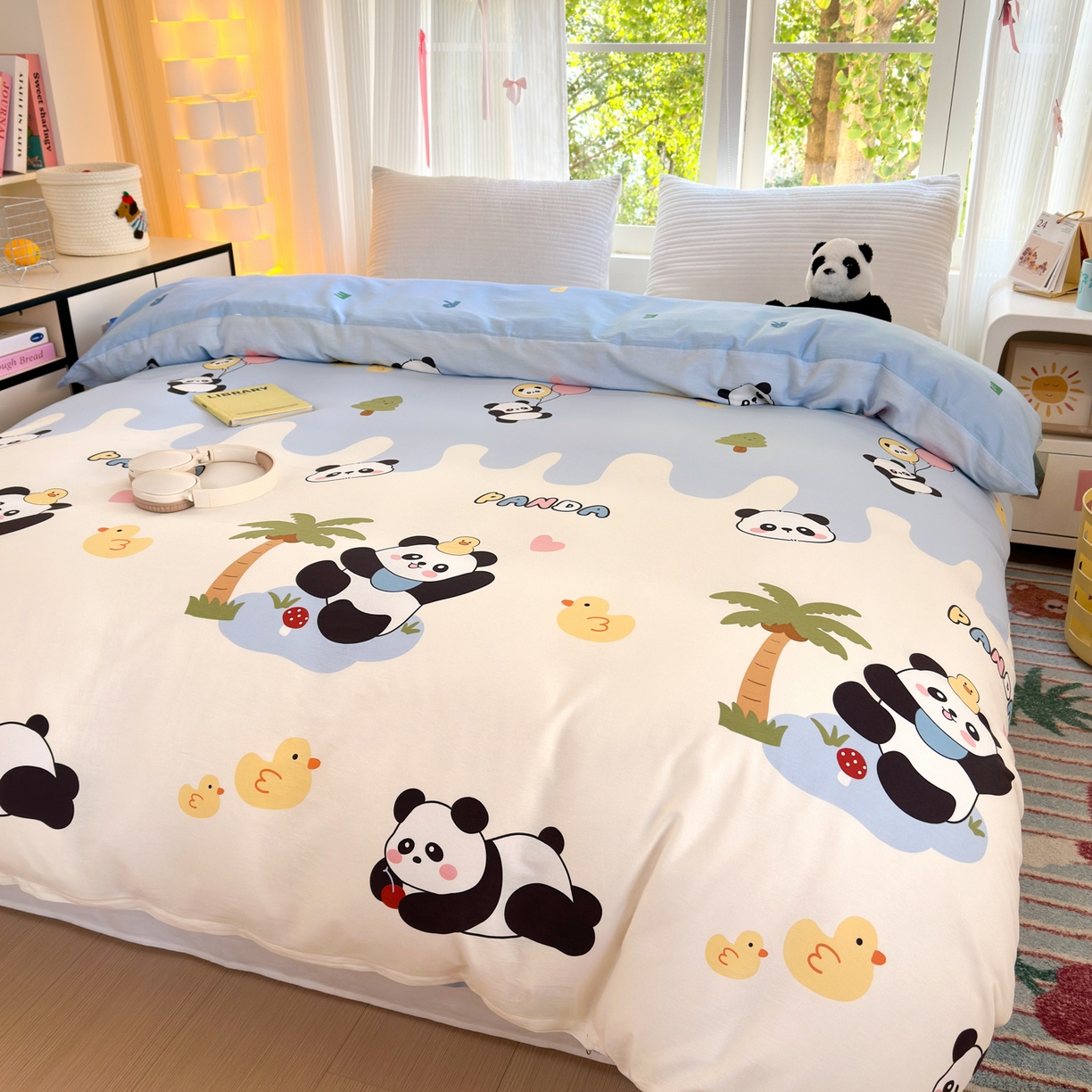 91家纺网 家纺一手货源 找家纺 清雅福 2025新款全棉柔软印花系列单被套 熊猫鸭鸭乐-蓝