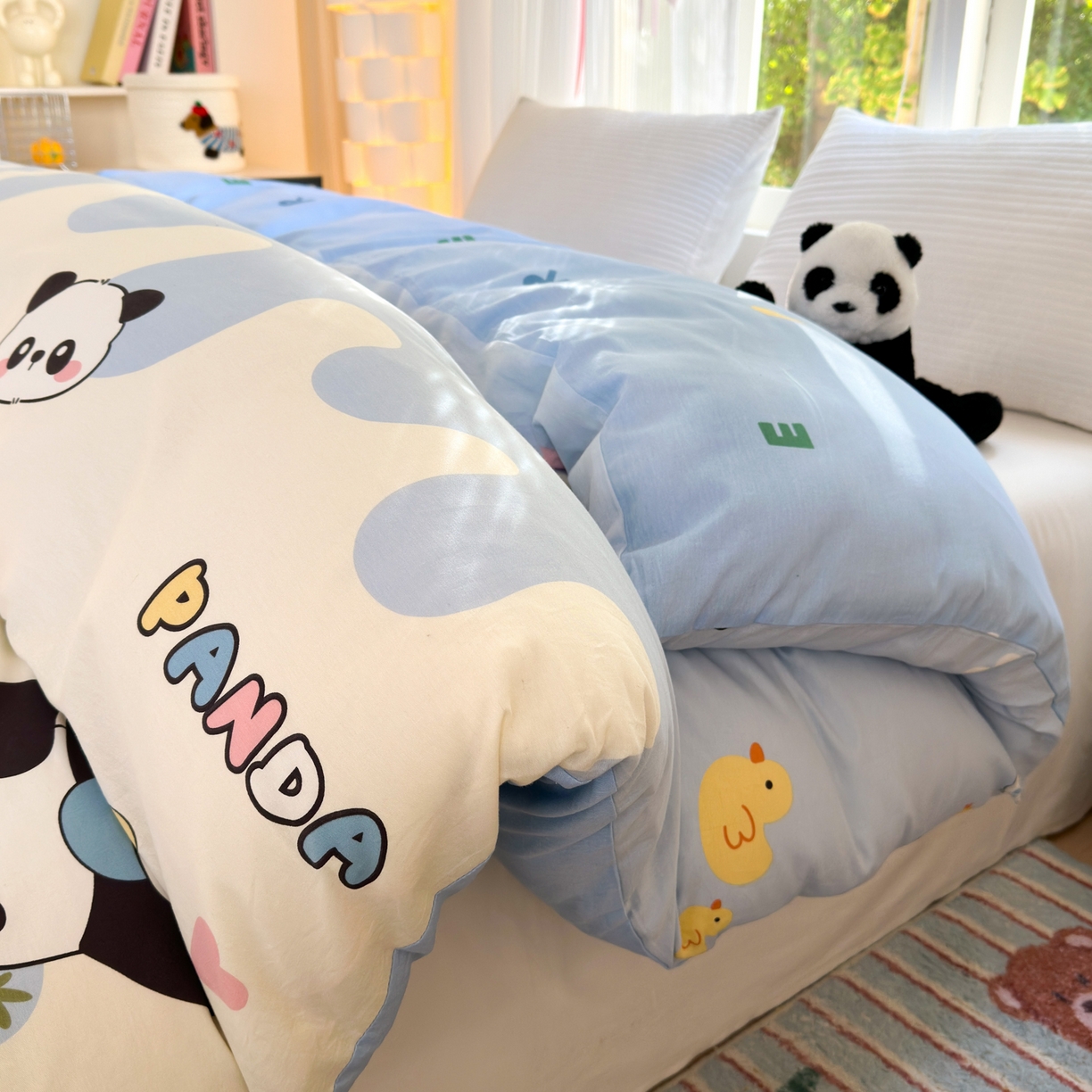 91家纺网 家纺一手货源 找家纺 清雅福 2025新款全棉柔软印花系列单被套 熊猫鸭鸭乐-蓝