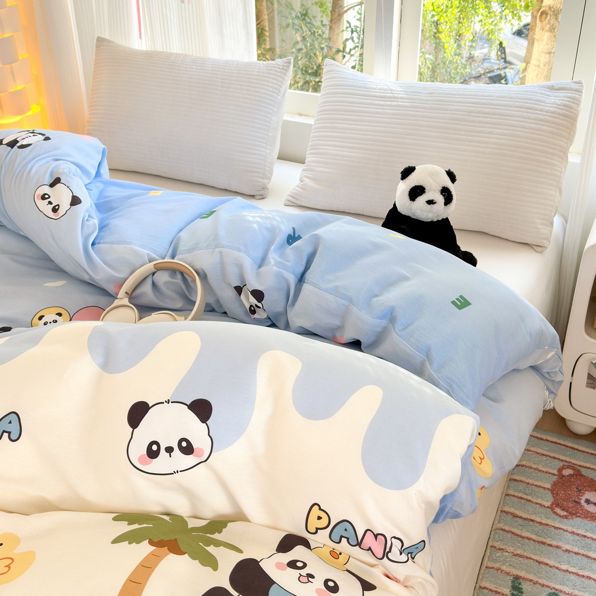 91家纺网 家纺一手货源 找家纺 清雅福 2025新款全棉柔软印花系列单被套 熊猫鸭鸭乐-蓝