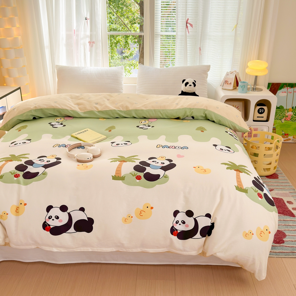 91家纺网 家纺一手货源 找家纺 清雅福 2025新款全棉柔软印花系列单被套 熊猫鸭鸭乐-绿