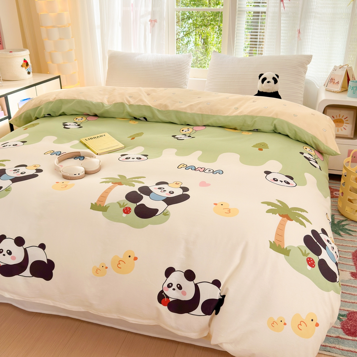 91家纺网 家纺一手货源 找家纺 清雅福 2025新款全棉柔软印花系列单被套 熊猫鸭鸭乐-绿