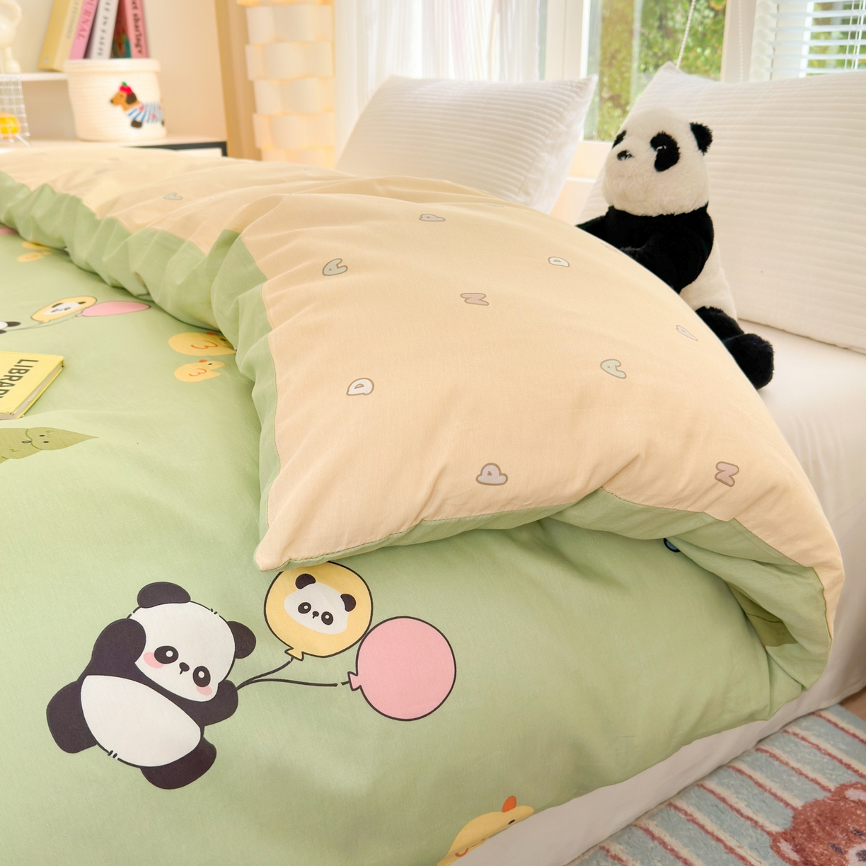 91家纺网 家纺一手货源 找家纺 清雅福 2025新款全棉柔软印花系列单被套 熊猫鸭鸭乐-绿