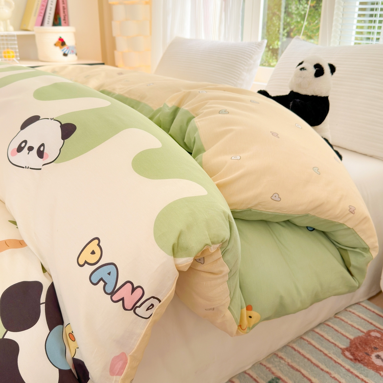 91家纺网 家纺一手货源 找家纺 清雅福 2025新款全棉柔软印花系列单被套 熊猫鸭鸭乐-绿