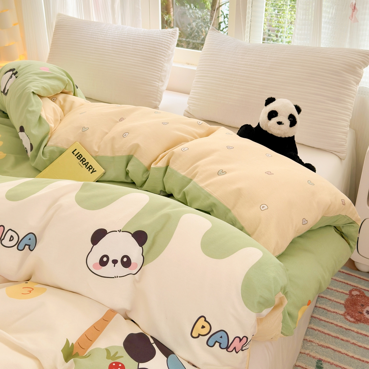 91家纺网 家纺一手货源 找家纺 清雅福 2025新款全棉柔软印花系列单被套 熊猫鸭鸭乐-绿