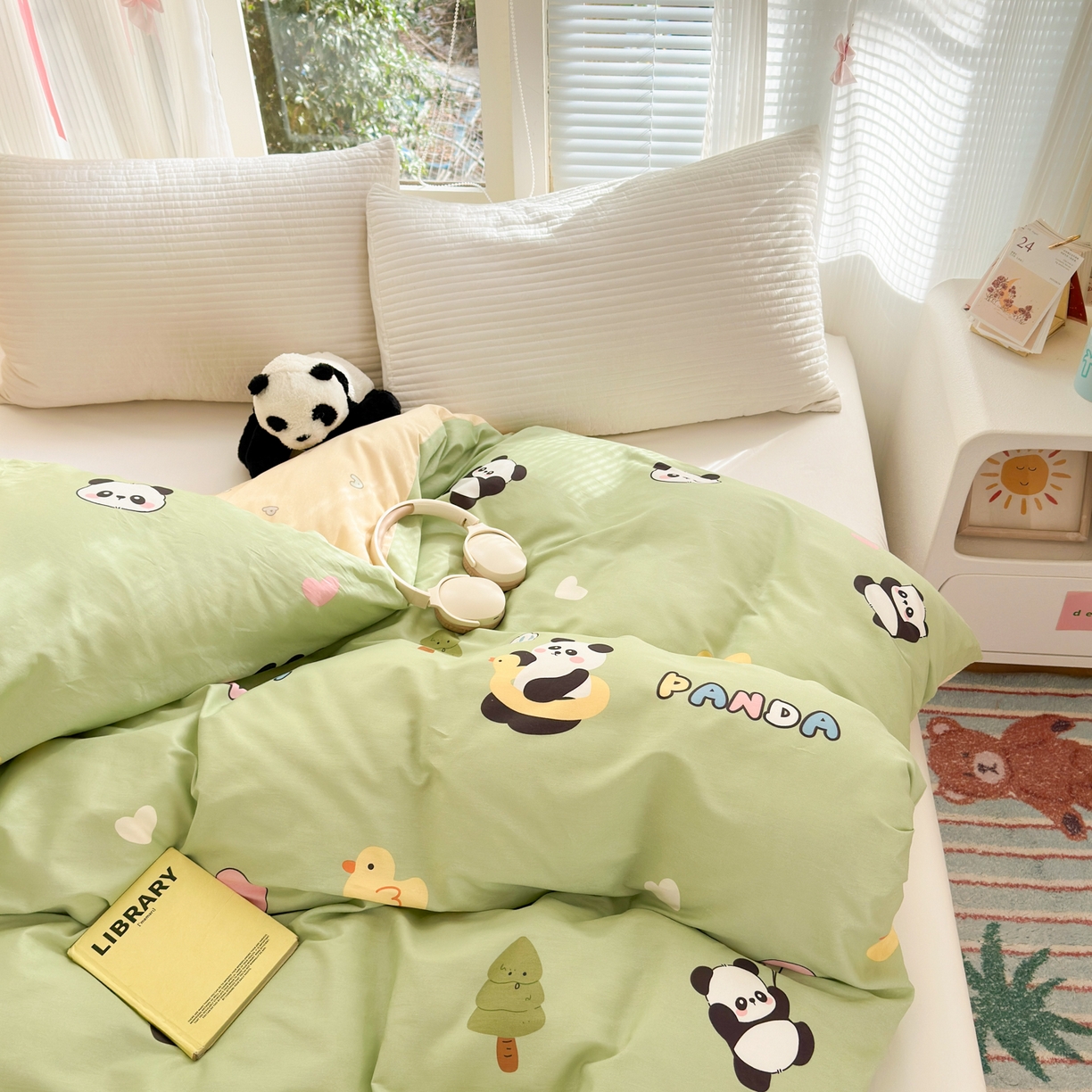 91家纺网 家纺一手货源 找家纺 清雅福 2025新款全棉柔软印花系列单被套 熊猫鸭鸭乐-绿