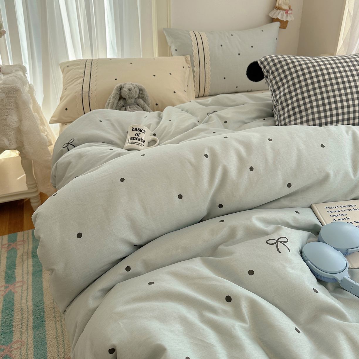 91家纺网 家纺一手货源 找家纺 三朵家纺 2026新款ins风全棉少女系花边印花系列四件套 梦回甜心-蓝