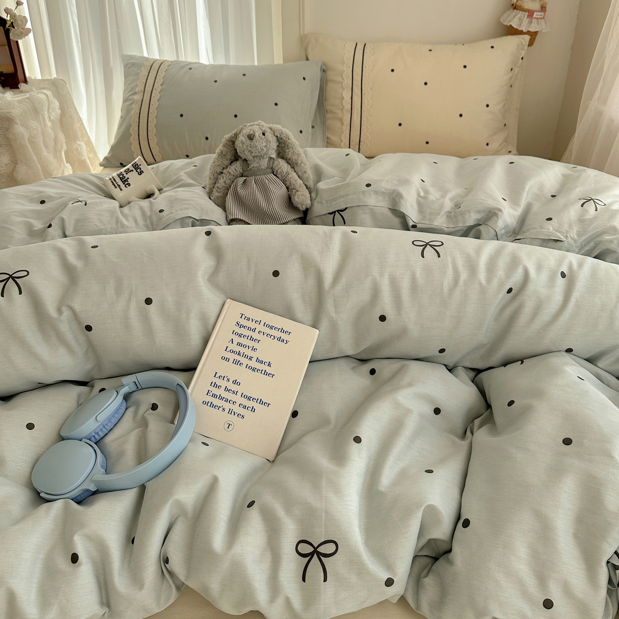 91家纺网 家纺一手货源 找家纺 三朵家纺 2026新款ins风全棉少女系花边印花系列四件套 梦回甜心-蓝