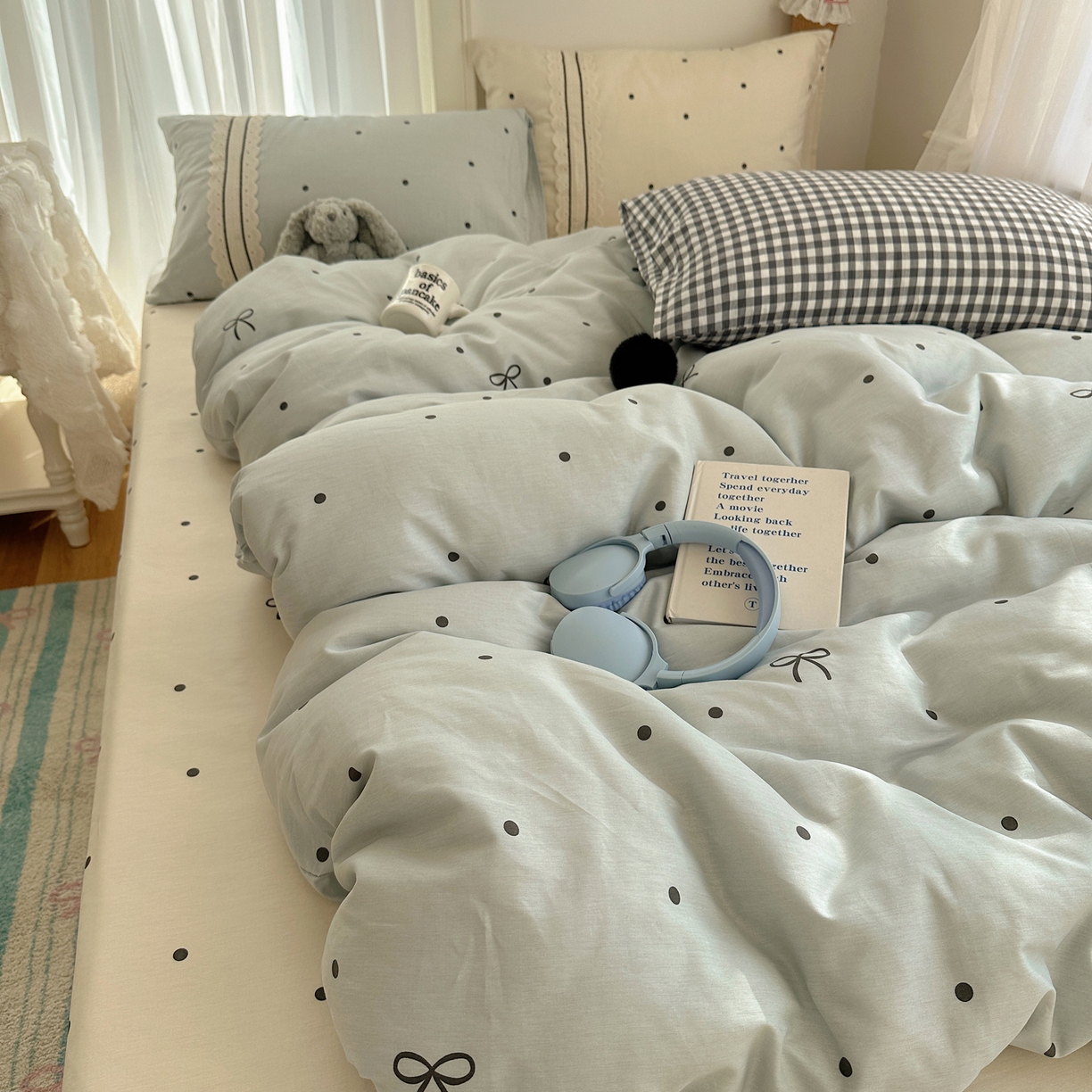 91家纺网 家纺一手货源 找家纺 三朵家纺 2026新款ins风全棉少女系花边印花系列四件套 梦回甜心-蓝