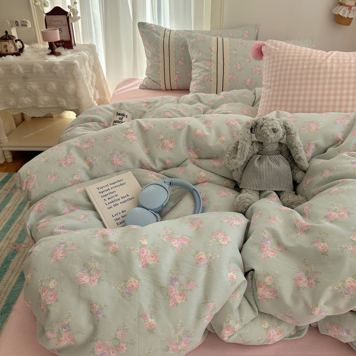 三朵家纺 2026新款ins风全棉少女系花边印花系列四件套 花海迷人-蓝