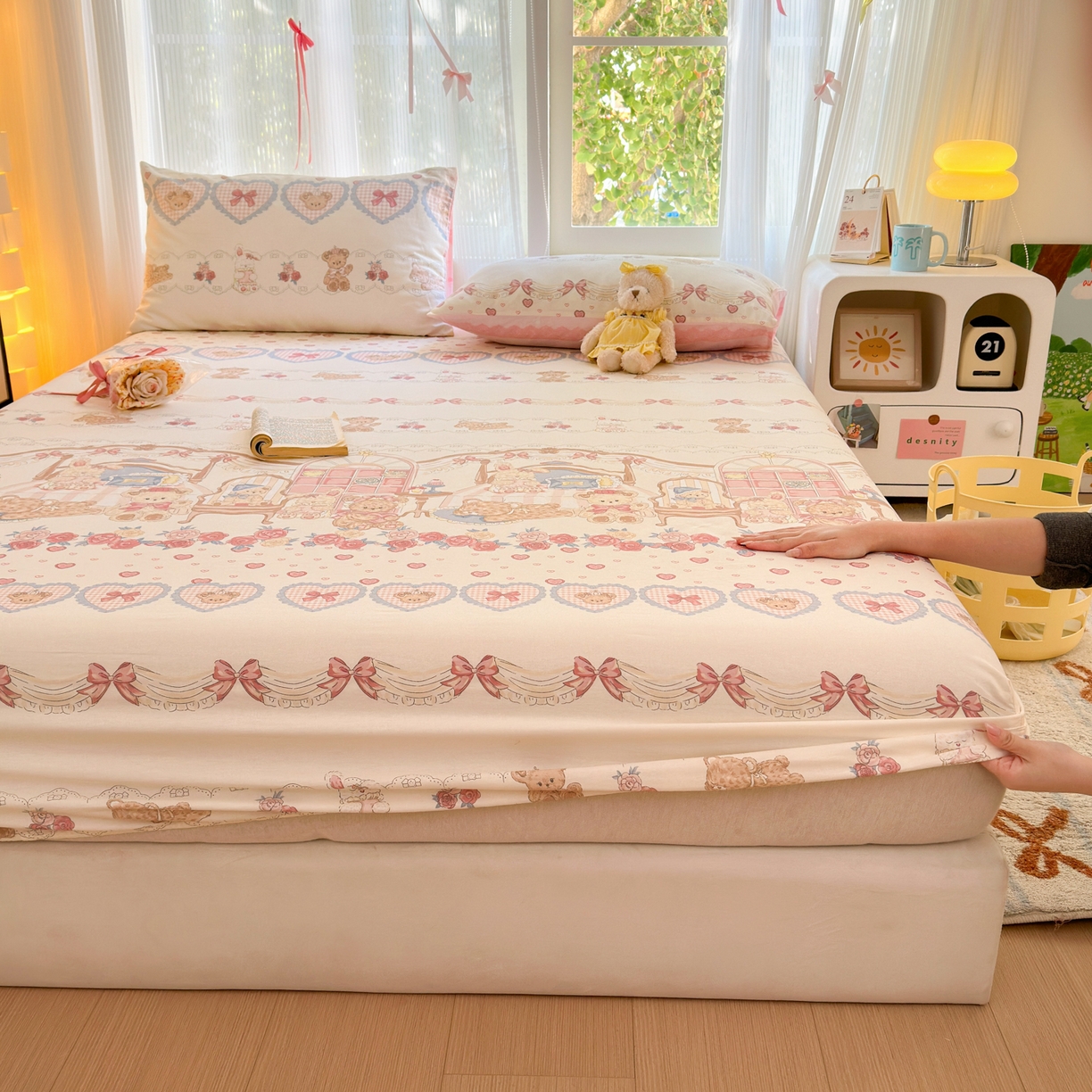 91家纺网 家纺一手货源 找家纺 清雅福 2025新款全棉柔软印花系列单床笠 安缦小熊