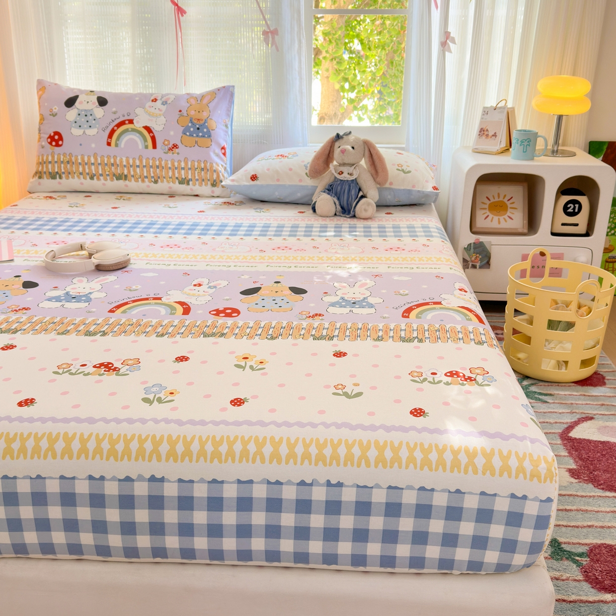 91家纺网 家纺一手货源 找家纺 清雅福 2025新款全棉柔软印花系列单床笠 彩虹小镇