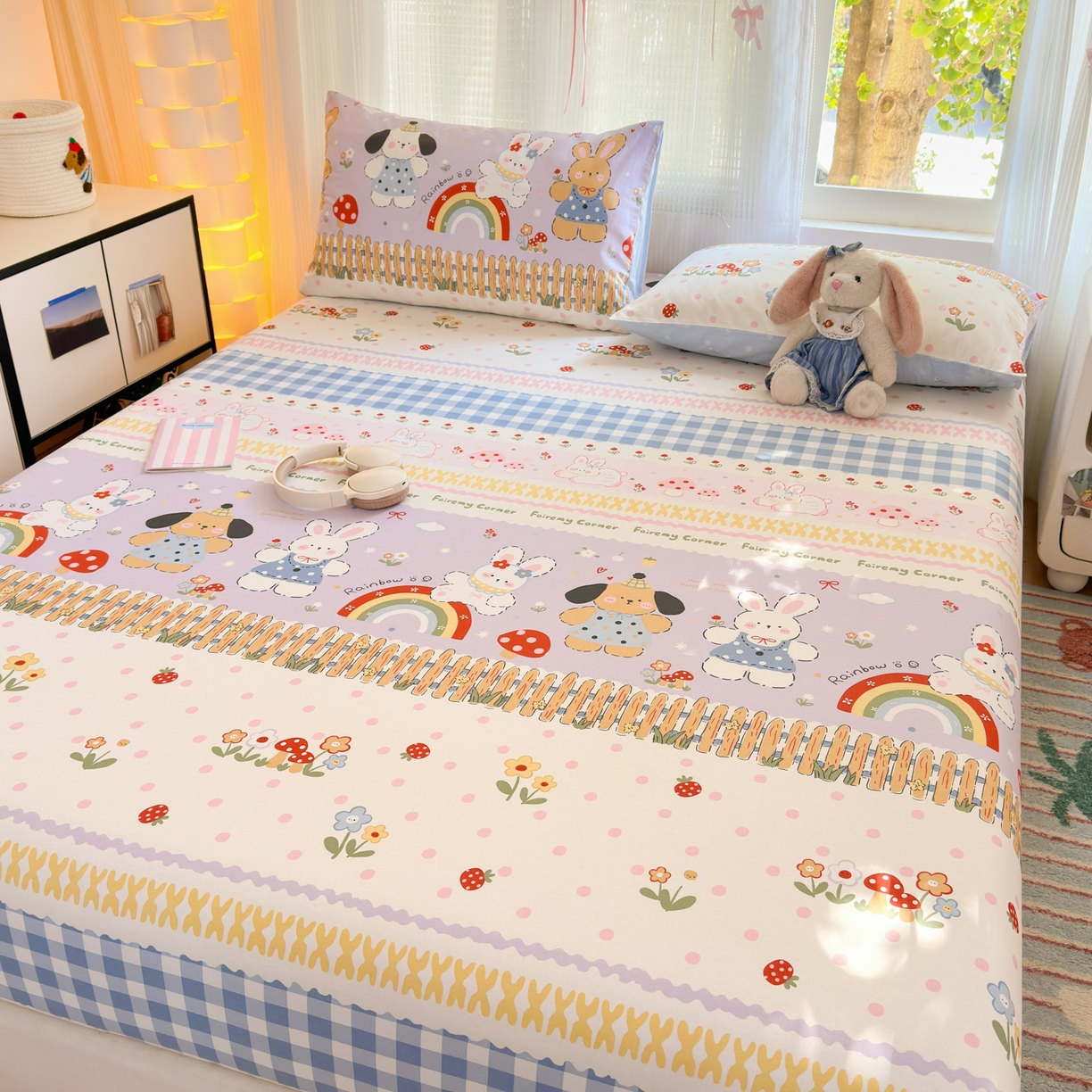 91家纺网 家纺一手货源 找家纺 清雅福 2025新款全棉柔软印花系列单床笠 彩虹小镇