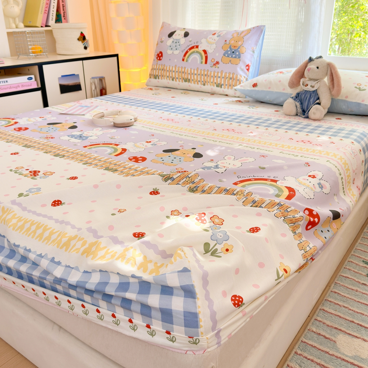 91家纺网 家纺一手货源 找家纺 清雅福 2025新款全棉柔软印花系列单床笠 彩虹小镇