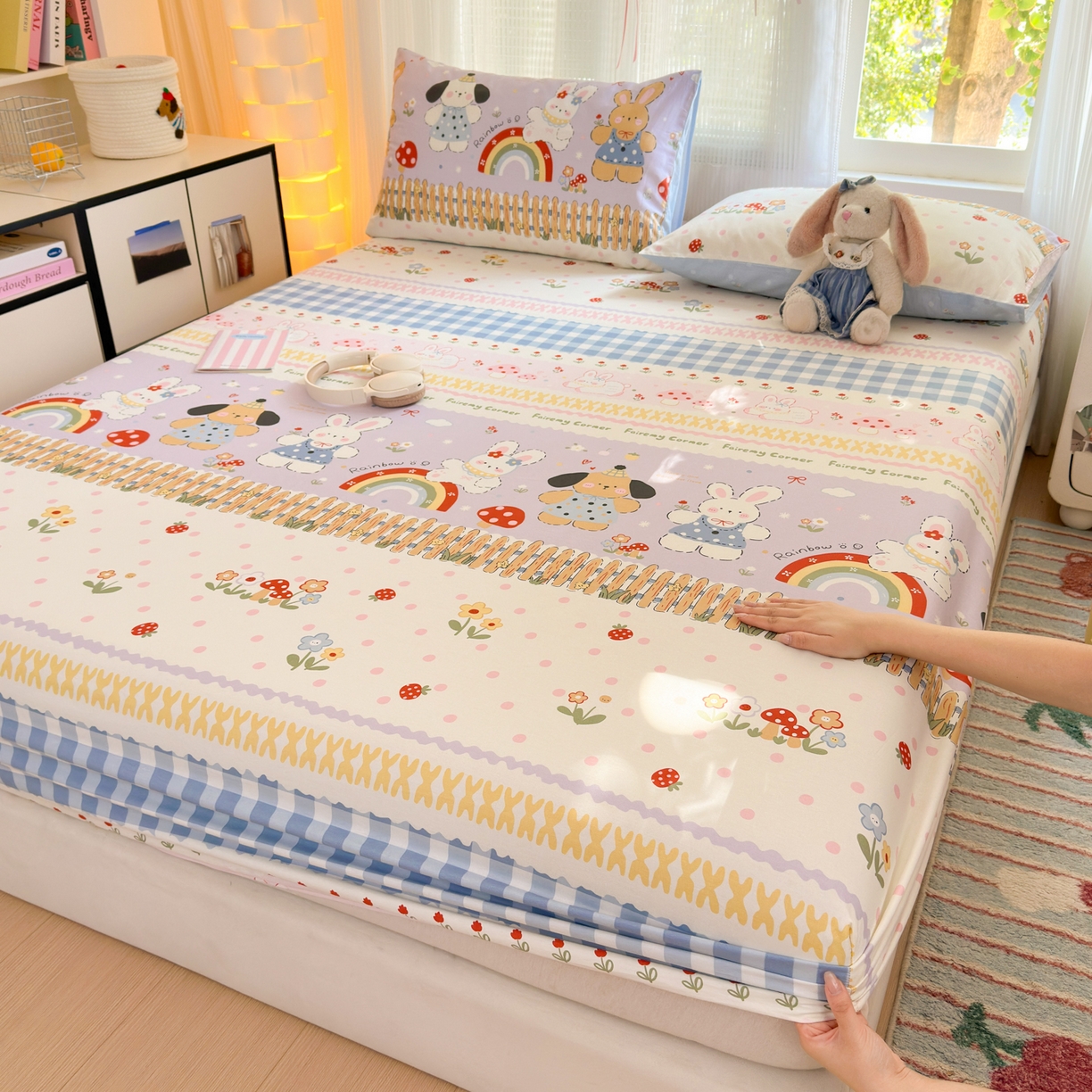 91家纺网 家纺一手货源 找家纺 清雅福 2025新款全棉柔软印花系列单床笠 彩虹小镇