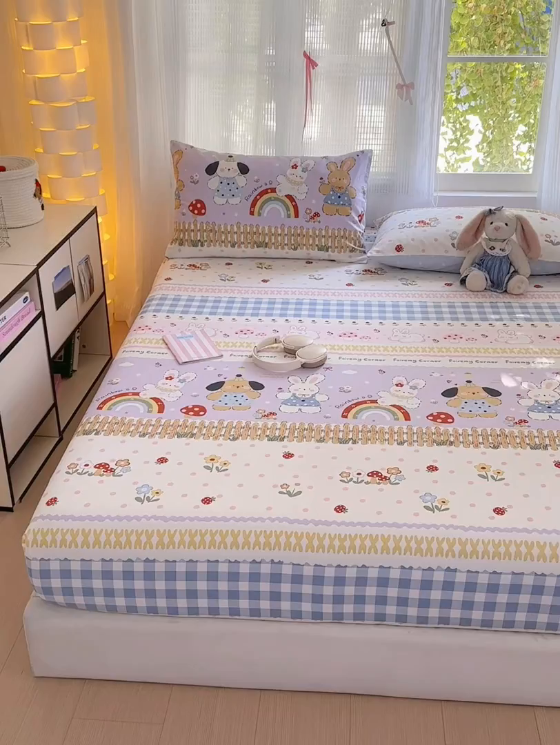 91家纺网 家纺一手货源 找家纺 清雅福 2025新款全棉柔软印花系列单床笠 彩虹小镇