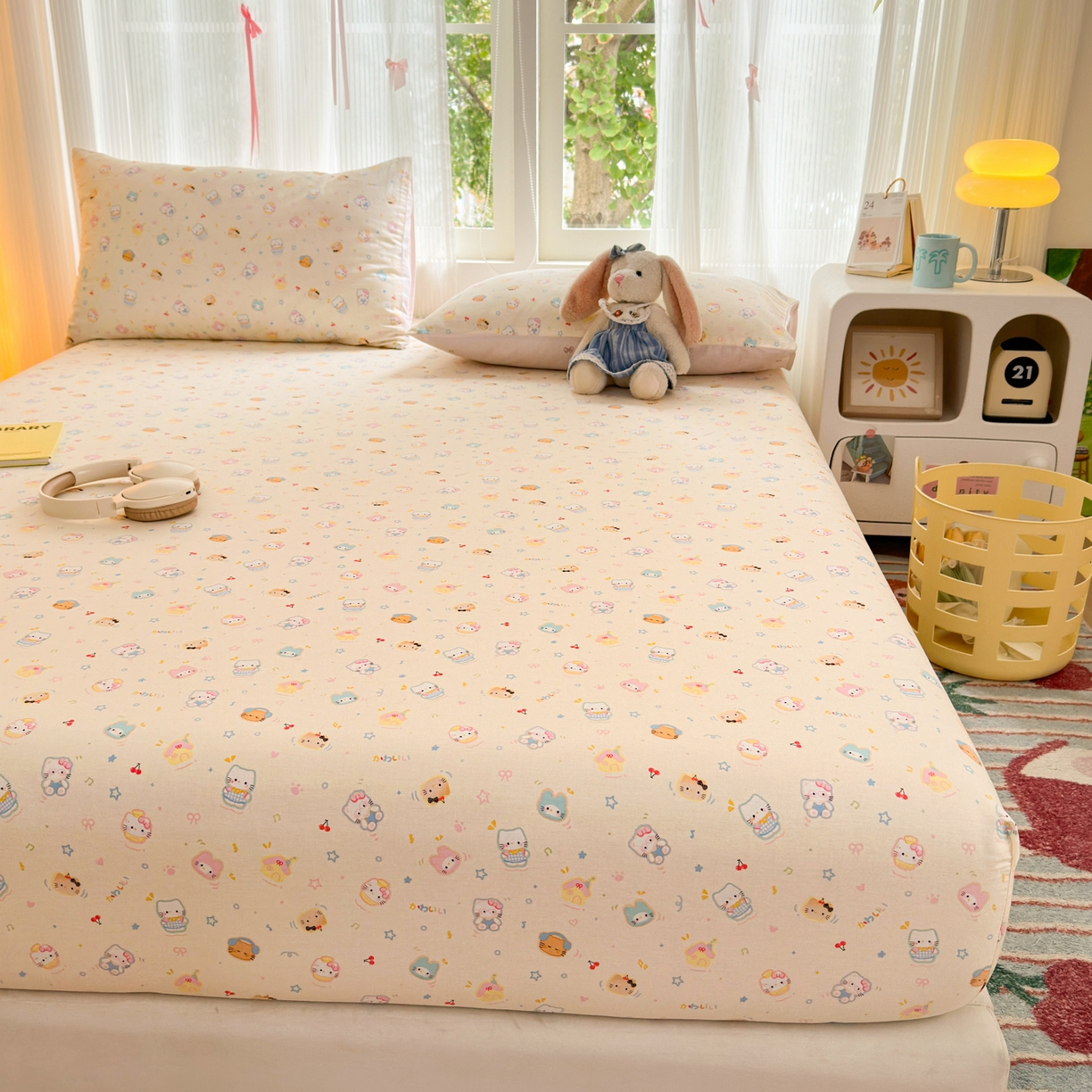 91家纺网 家纺一手货源 找家纺 清雅福 2025新款全棉柔软印花系列单床笠 蜜罐猫猫