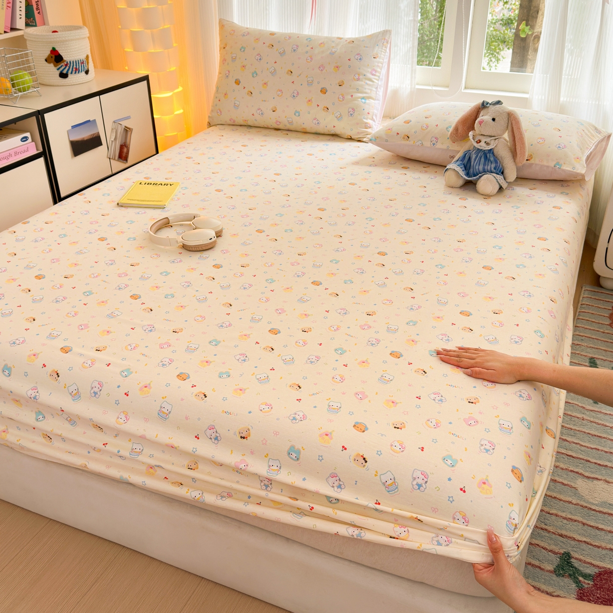 91家纺网 家纺一手货源 找家纺 清雅福 2025新款全棉柔软印花系列单床笠 蜜罐猫猫