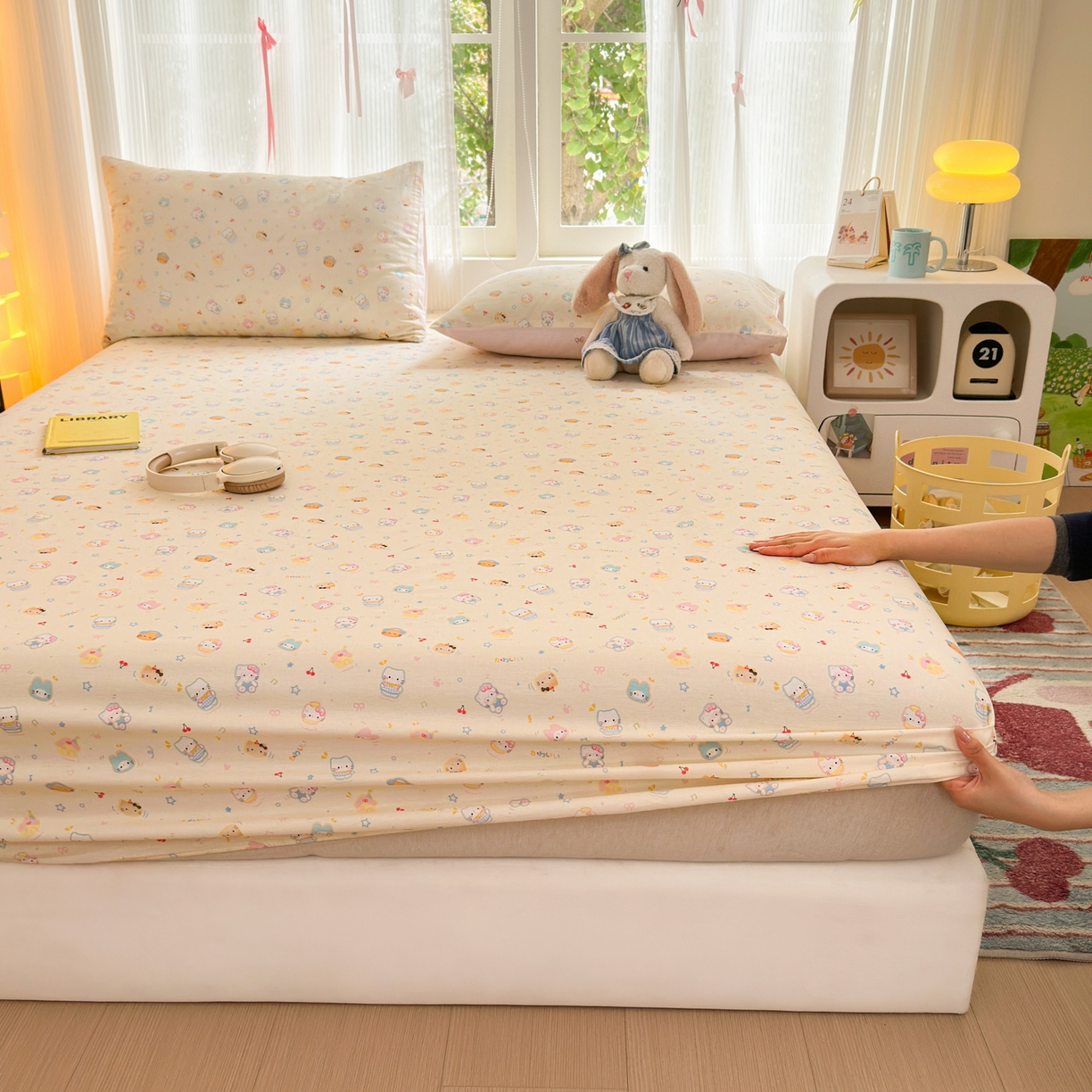 91家纺网 家纺一手货源 找家纺 清雅福 2025新款全棉柔软印花系列单床笠 蜜罐猫猫