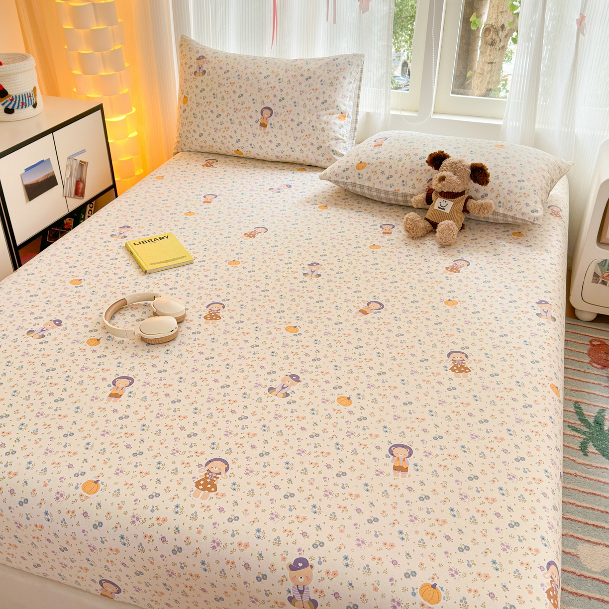 91家纺网 家纺一手货源 找家纺 清雅福 2025新款全棉柔软印花系列单床笠 碎花兔熊