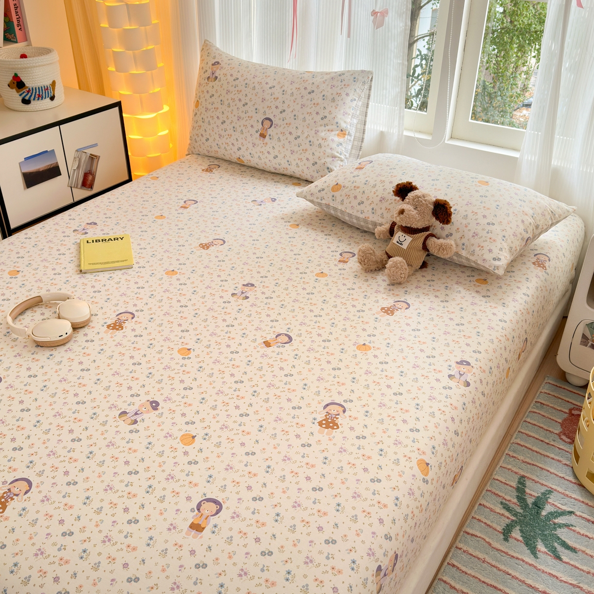 91家纺网 家纺一手货源 找家纺 清雅福 2025新款全棉柔软印花系列单床笠 碎花兔熊