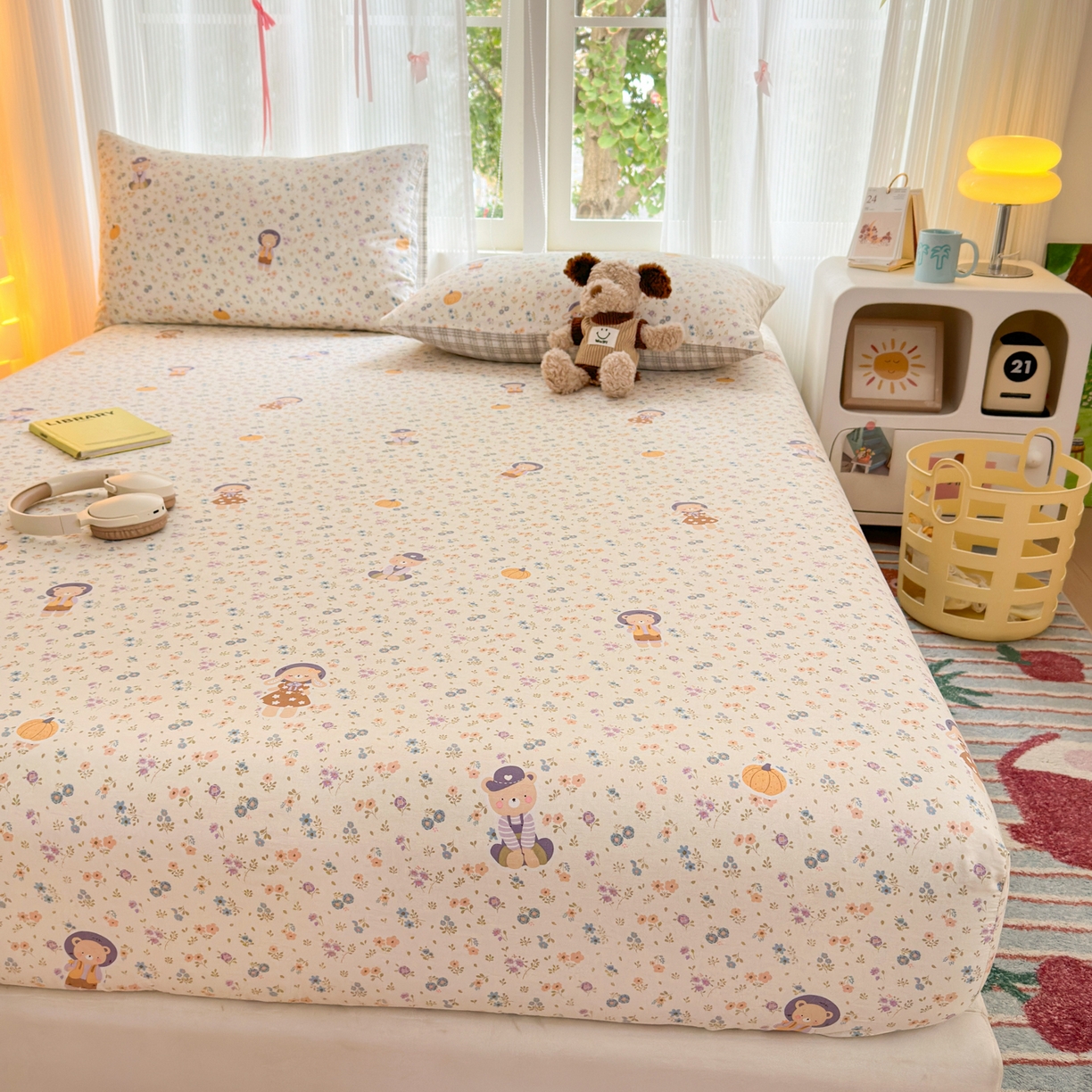 91家纺网 家纺一手货源 找家纺 清雅福 2025新款全棉柔软印花系列单床笠 碎花兔熊