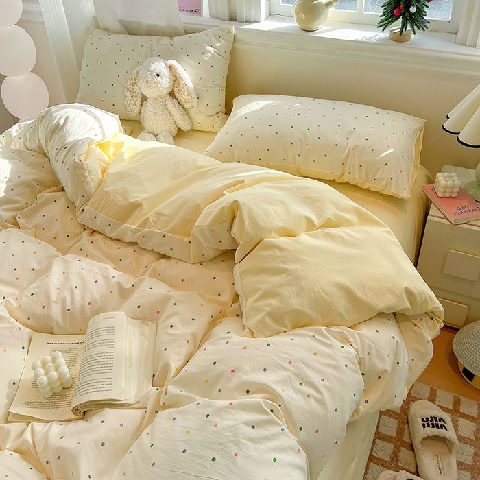 91家纺网 家纺一手货源 找家纺 一比一家纺 2026新款古法水洗仿棉云感纱A类四件套 彩波波