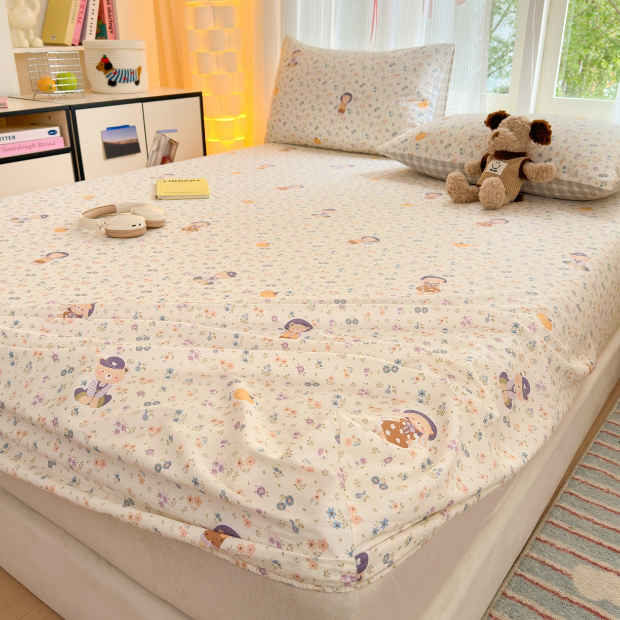 91家纺网 家纺一手货源 找家纺 清雅福 2025新款全棉柔软印花系列单床笠 碎花兔熊