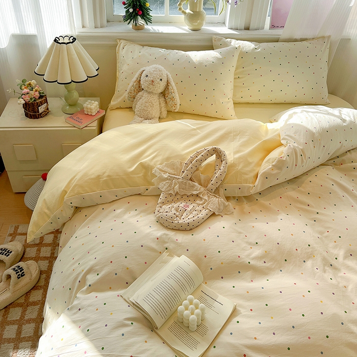 91家纺网 家纺一手货源 找家纺 一比一家纺 2026新款古法水洗仿棉云感纱A类四件套 彩波波