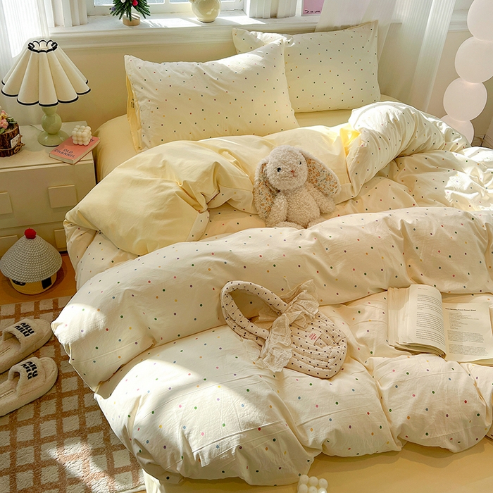 91家纺网 家纺一手货源 找家纺 一比一家纺 2026新款古法水洗仿棉云感纱A类四件套 彩波波