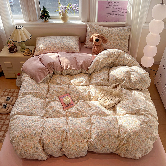 91家纺网 家纺一手货源 找家纺 一比一家纺 2026新款古法水洗仿棉云感纱A类四件套 花千朵