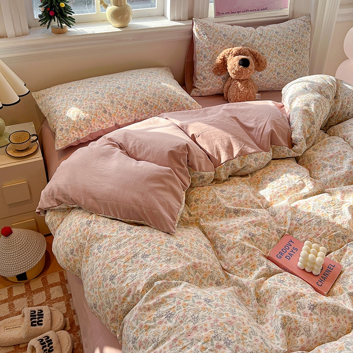 91家纺网 家纺一手货源 找家纺 一比一家纺 2026新款古法水洗仿棉云感纱A类四件套 花千朵