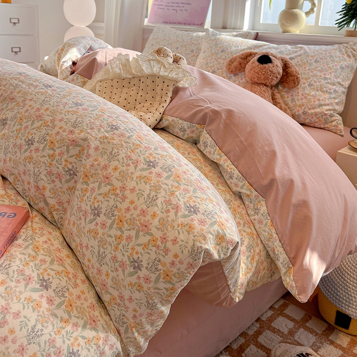 91家纺网 家纺一手货源 找家纺 一比一家纺 2026新款古法水洗仿棉云感纱A类四件套 花千朵