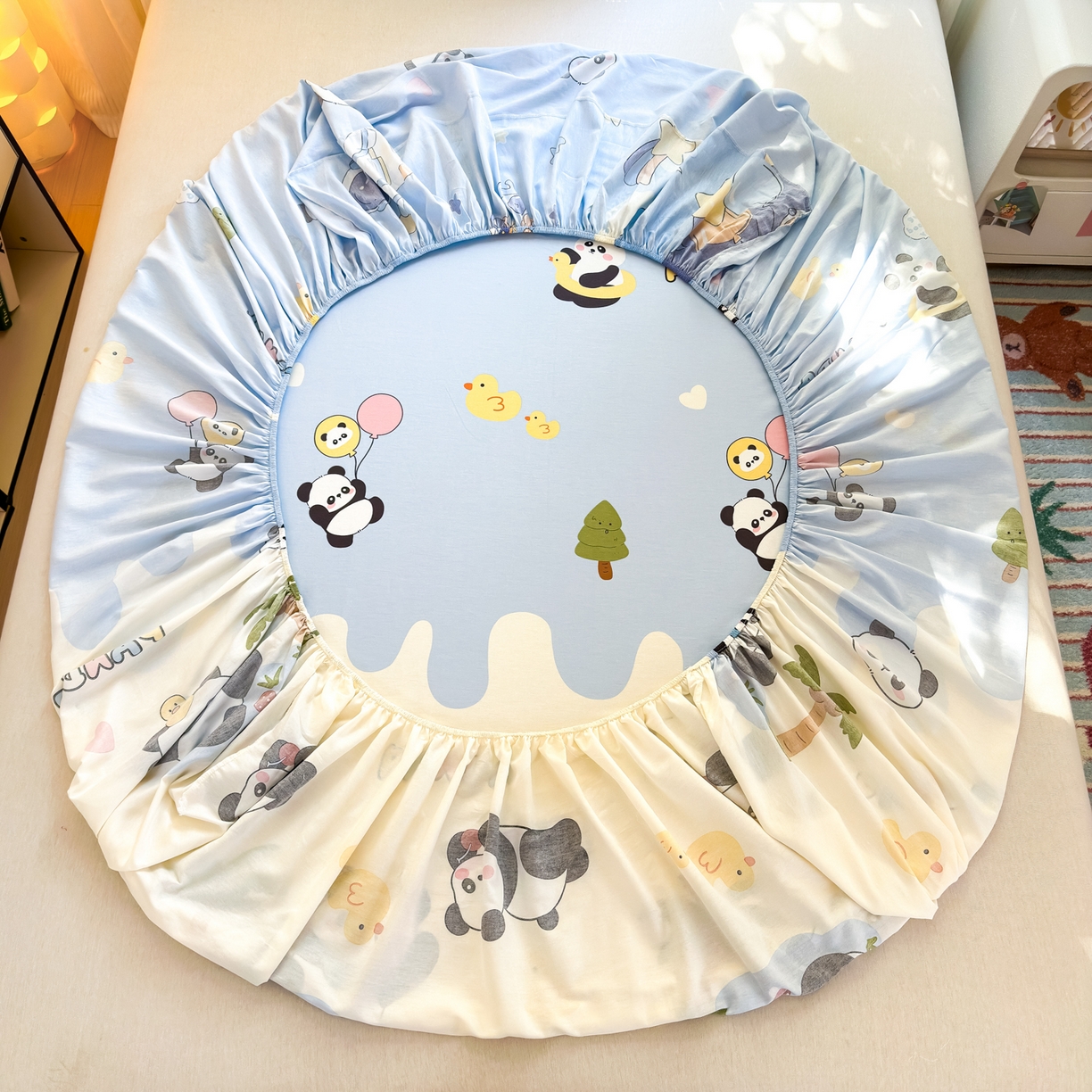 91家纺网 家纺一手货源 找家纺 清雅福 2025新款全棉柔软印花系列单床笠 熊猫鸭鸭乐-兰