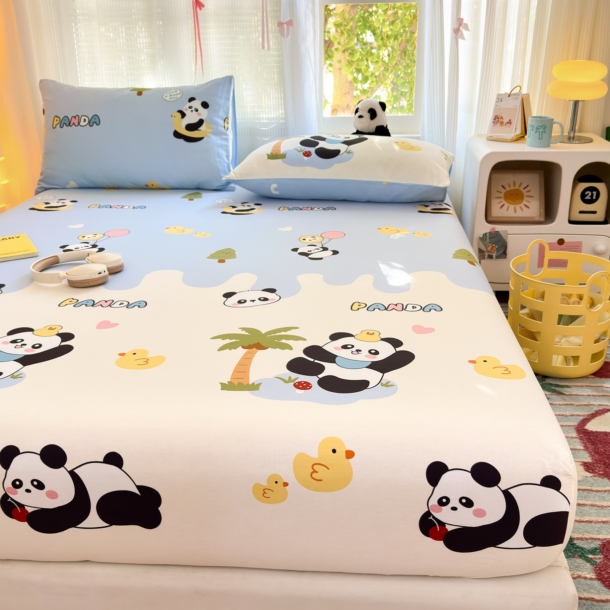 91家纺网 家纺一手货源 找家纺 清雅福 2025新款全棉柔软印花系列单床笠 熊猫鸭鸭乐-兰