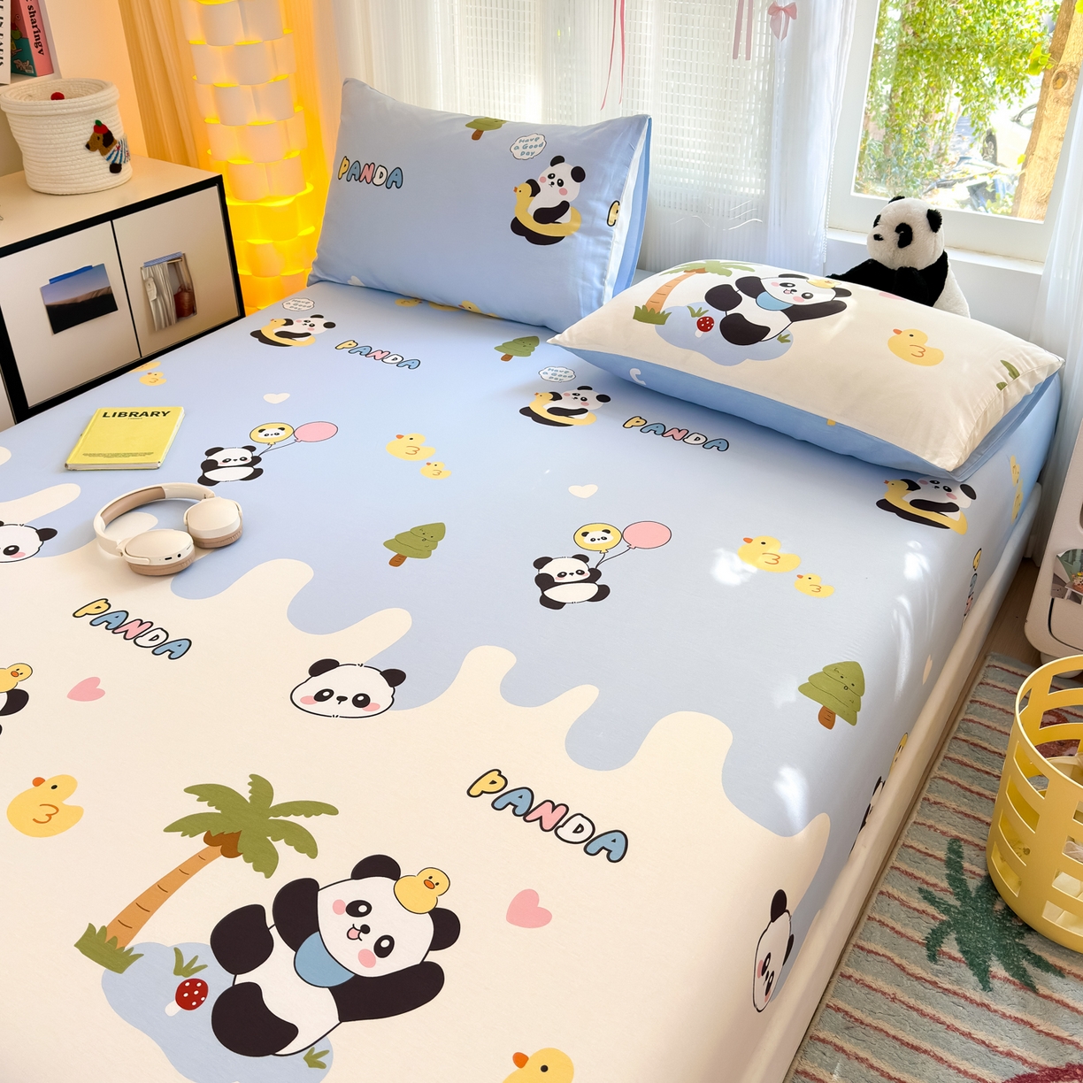 91家纺网 家纺一手货源 找家纺 清雅福 2025新款全棉柔软印花系列单床笠 熊猫鸭鸭乐-兰