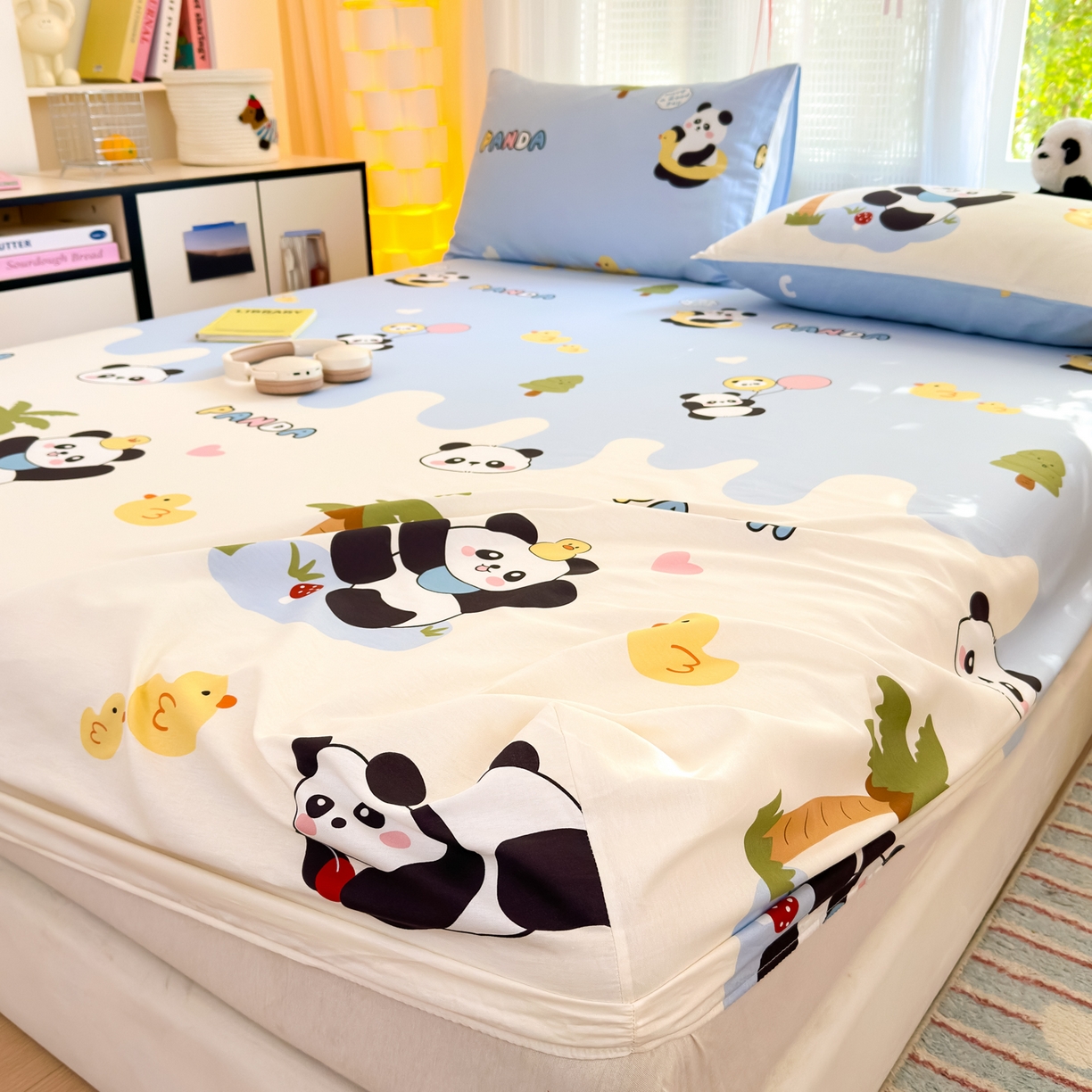 91家纺网 家纺一手货源 找家纺 清雅福 2025新款全棉柔软印花系列单床笠 熊猫鸭鸭乐-兰