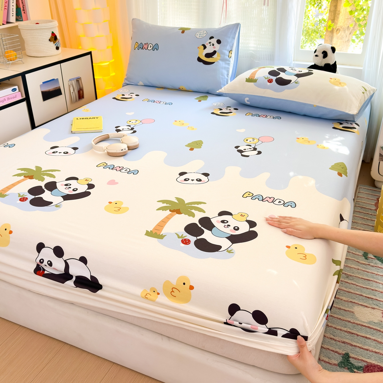 91家纺网 家纺一手货源 找家纺 清雅福 2025新款全棉柔软印花系列单床笠 熊猫鸭鸭乐-兰