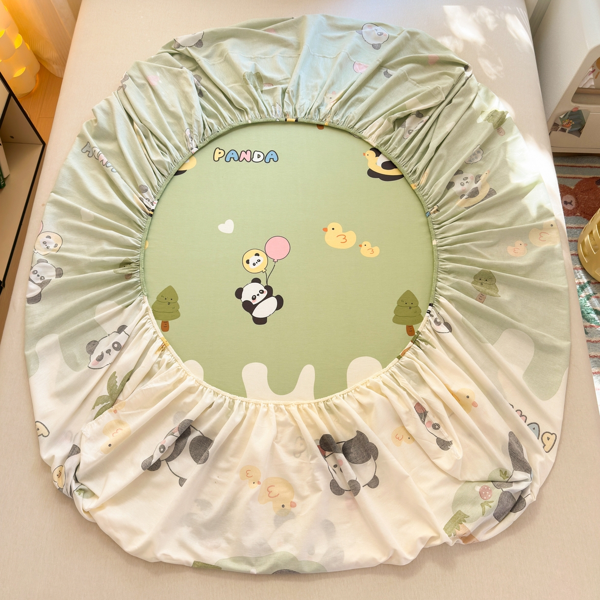 91家纺网 家纺一手货源 找家纺 清雅福 2025新款全棉柔软印花系列单床笠 熊猫鸭鸭乐-绿