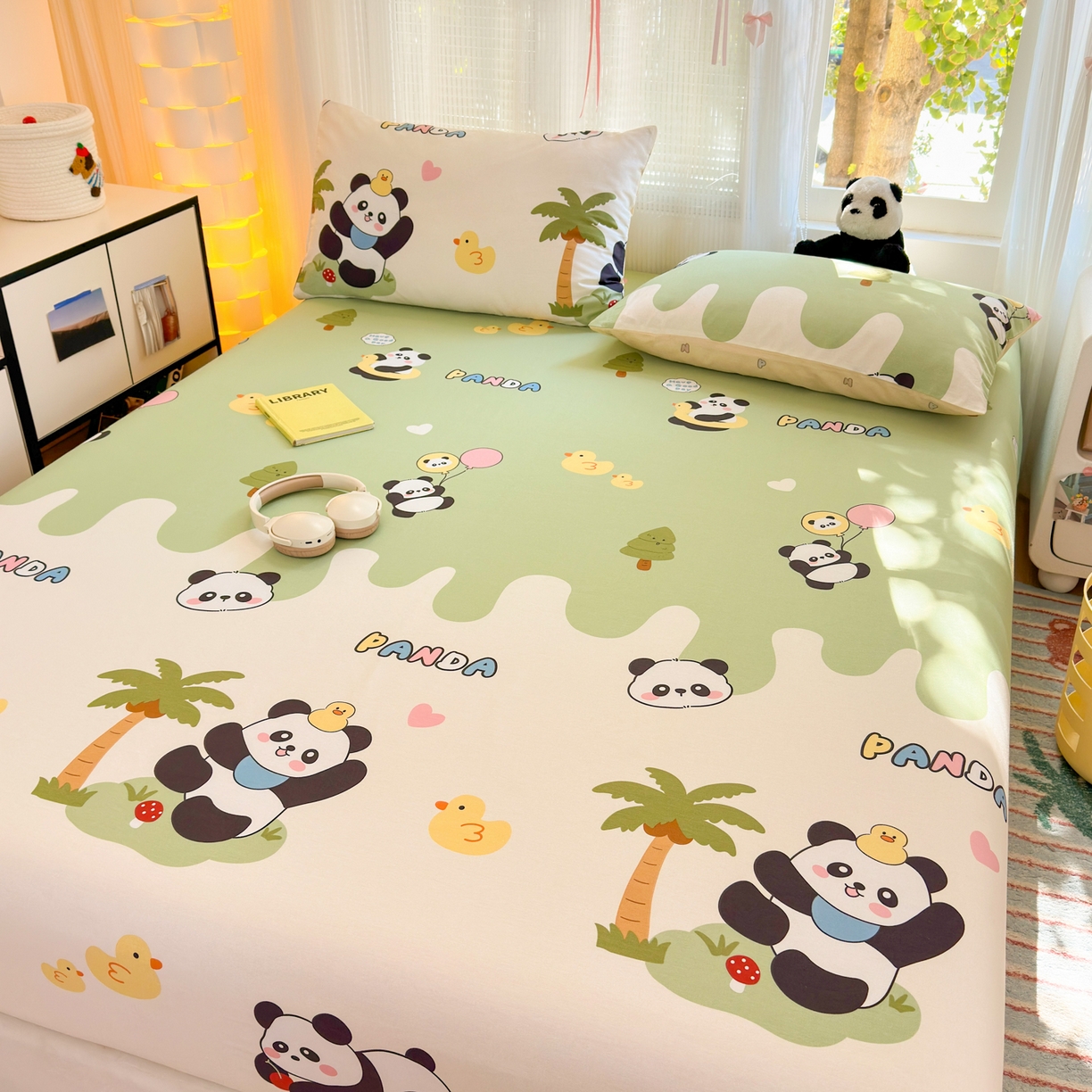 91家纺网 家纺一手货源 找家纺 清雅福 2025新款全棉柔软印花系列单床笠 熊猫鸭鸭乐-绿