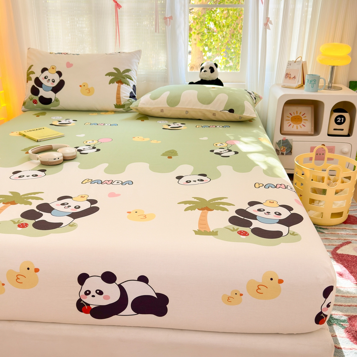 91家纺网 家纺一手货源 找家纺 清雅福 2025新款全棉柔软印花系列单床笠 熊猫鸭鸭乐-绿