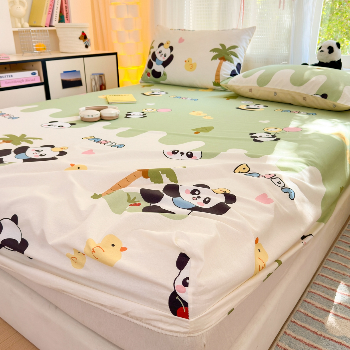 91家纺网 家纺一手货源 找家纺 清雅福 2025新款全棉柔软印花系列单床笠 熊猫鸭鸭乐-绿