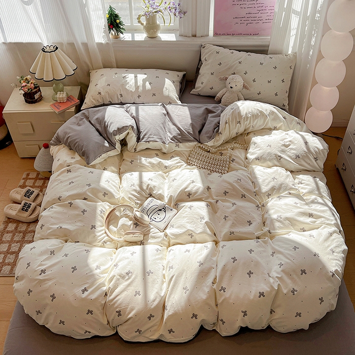 91家纺网 家纺一手货源 找家纺 一比一家纺 2026新款古法水洗仿棉云感纱A类四件套 梦幻灰