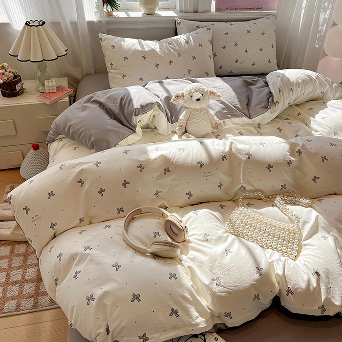 91家纺网 家纺一手货源 找家纺 一比一家纺 2026新款古法水洗仿棉云感纱A类四件套 梦幻灰