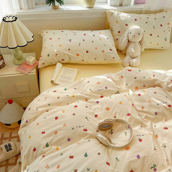 91家纺网 家纺一手货源 找家纺 一比一家纺 2026新款古法水洗仿棉云感纱A类四件套 南瓜果果