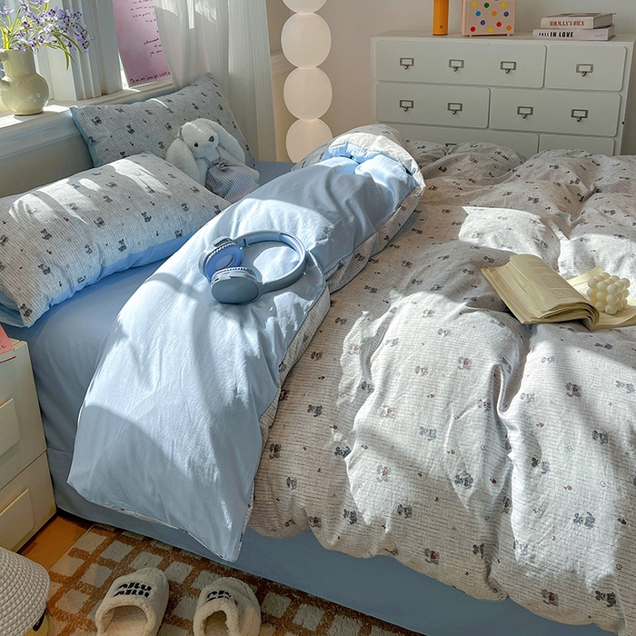 91家纺网 家纺一手货源 找家纺 一比一家纺 2026新款古法水洗仿棉云感纱A类四件套 条纹狗