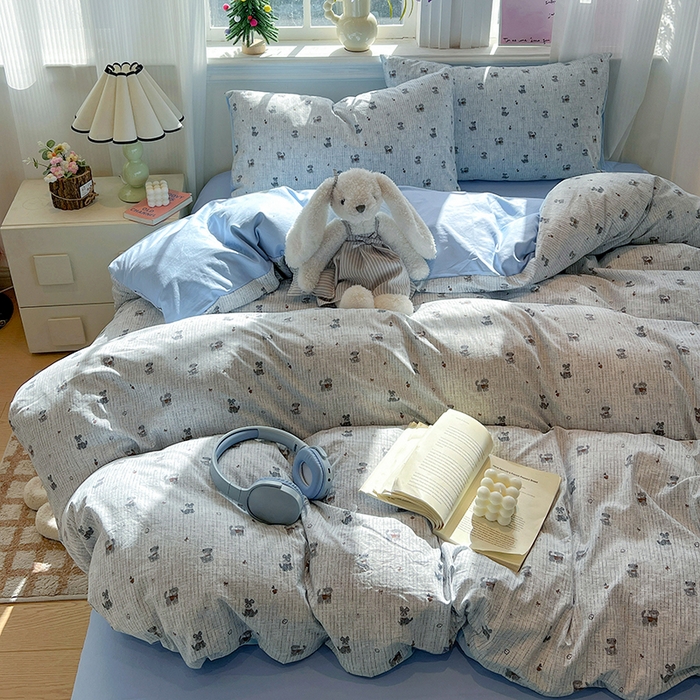 91家纺网 家纺一手货源 找家纺 一比一家纺 2026新款古法水洗仿棉云感纱A类四件套 条纹狗