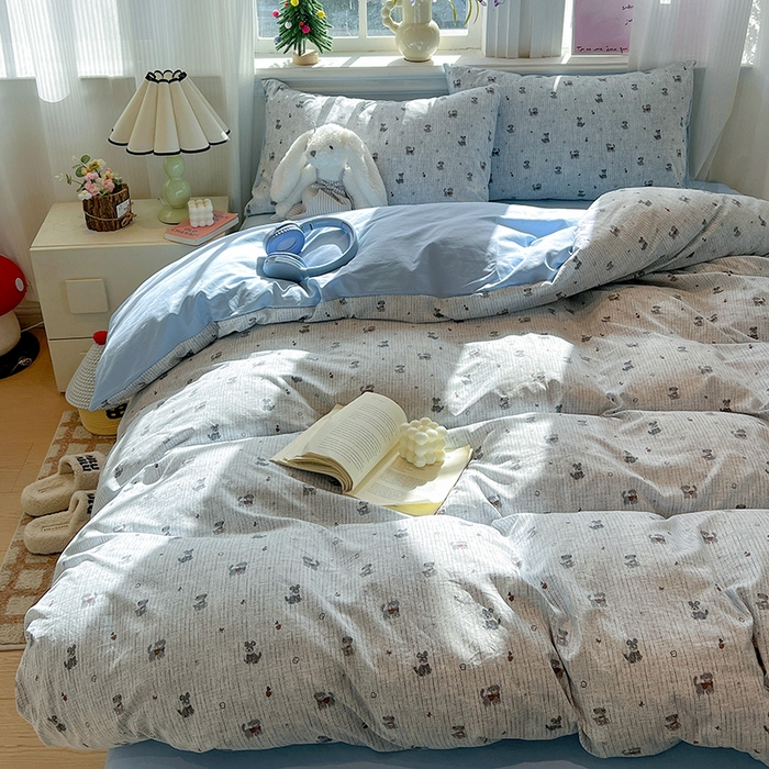 91家纺网 家纺一手货源 找家纺 一比一家纺 2026新款古法水洗仿棉云感纱A类四件套 条纹狗