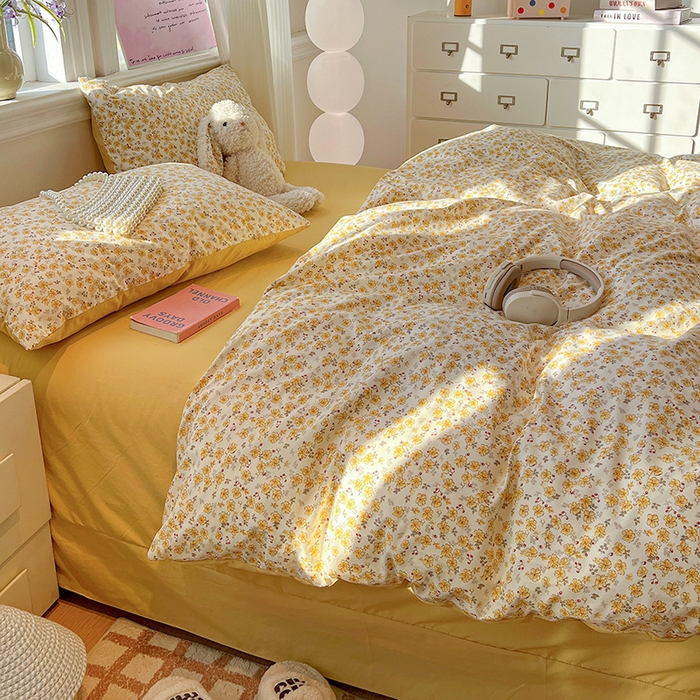 91家纺网 家纺一手货源 找家纺 一比一家纺 2026新款古法水洗仿棉云感纱A类四件套 小黄花