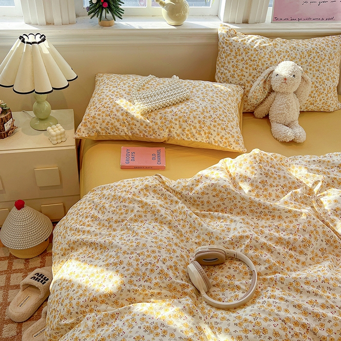 91家纺网 家纺一手货源 找家纺 一比一家纺 2026新款古法水洗仿棉云感纱A类四件套 小黄花